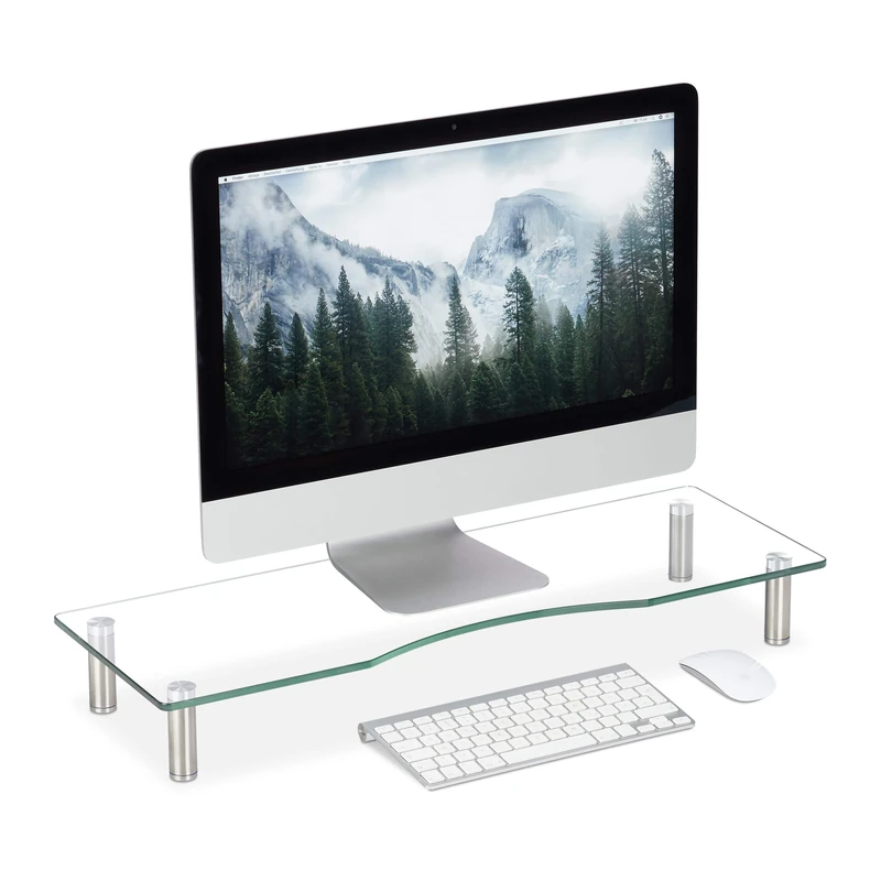 Relaxdays Glass Display Stand, TV Pedestal, Notebook Riser, Height-Adjustable 9-11 cm, W x D: 70 x 24 cm, Clear, Stainless Steel, Aluminum, Pack of 1