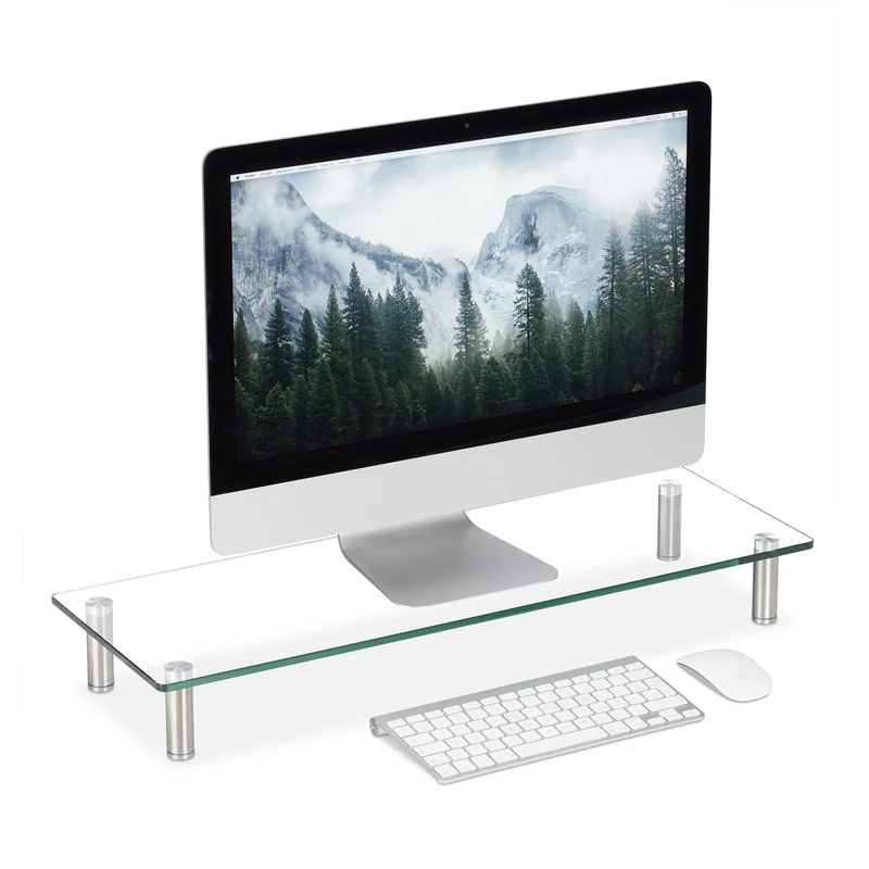 Relaxdays Glass Display Stand, TV Pedestal, Notebook Riser, Height-Adjustable 9-11 cm, W x D: 70 x 24 cm, Clear, Stainless Steel, Aluminum, Pack of 1