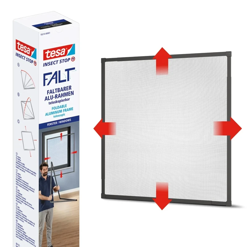 tesa Insect Stop FALT Foldable Aluminium Frame - Fly Screen with Adjustable Telescopic Frame - Anthracite - 80 cm x 80 cm to 140 cm x 140 cm