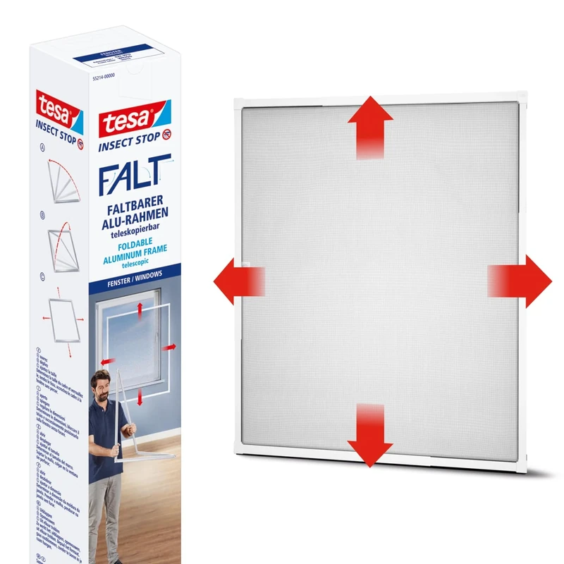 tesa Insect Stop FALT Foldable Aluminium Frame - Fly Screen with Adjustable Telescopic Frame - White - 80 cm x 80 cm to 140 cm x 140 cm
