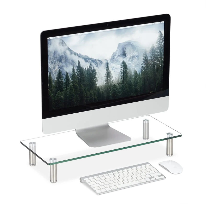 Relaxdays Glass Display Stand, TV Pedestal, Notebook Riser, Height-Adjustable 9-11 cm, W x D: 56 x 24 cm, Clear