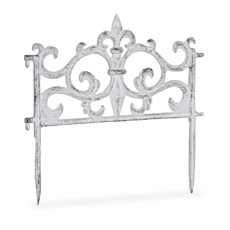 Relaxdays Cast Iron Flowerbed Fence, Vintage Design, Single Panel, Decorative Lawn Edging, HxW: 27x27cm, White