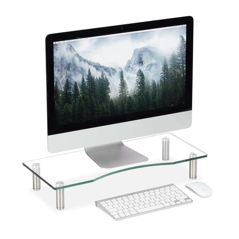 Relaxdays Glass Display Stand, TV Pedestal, Notebook Riser, Height-Adjustable 9-11 cm, W x D: 56 x 24 cm, Clear