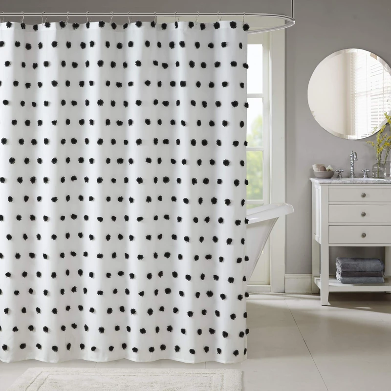 Madison Park Sophie Trendy Shower Curtain with Textured Pom-Poms Accent, Modern Bathroom Décor, Machine Washable Bath Privacy Screen, 72 in x 72 in, Black/White - Image 1