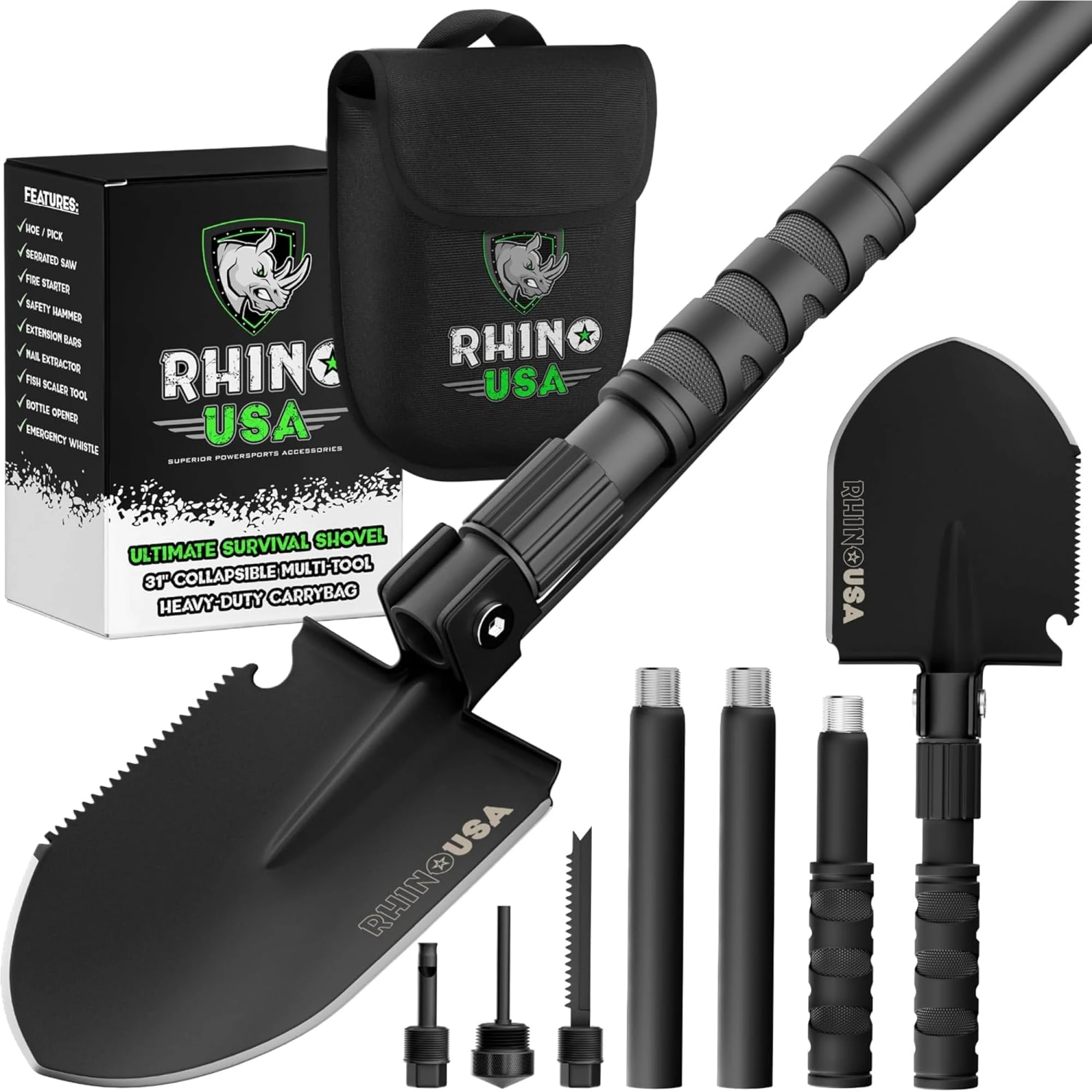 Rhino USA Survival Shovel w/Pick - Heavy Duty Carbon Steel for Off Road, Camping, Gardening, Beach, Digging Dirt, Sand, Mud & Snow