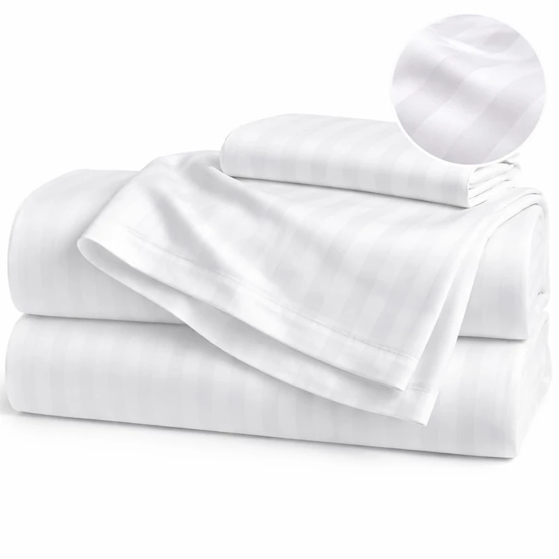 CUSTOMER DELIGHT Luxury 100% Egyptian Cotton Sheets 1000 Thread Count 4 Piece Extra Deep Pocket Bed Sheet Set Sateen Stripe (King, White)