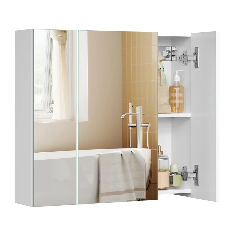 VASAGLE BBK22WT Bathroom Wall Cabinet with Mirror, 3 Door Storage Unit, 60 x 15 x 55 cm, with Adjustable Shelf, Modern, White BBK22WT