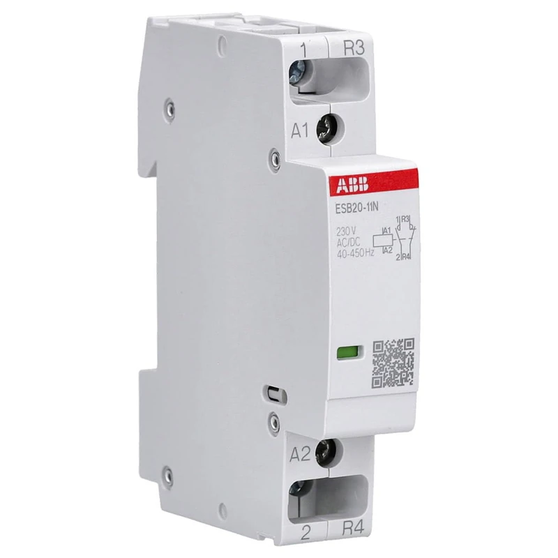 ABB Protecta Plus ESB20-11N-06 Installation Contactor • 20 A Rated Current • 1 NO + 1 NC 2-Pole Modular Contactor • 230 V Control Voltage • DIN Rail Mount 18 mm Width • 1SBE121111R0611
