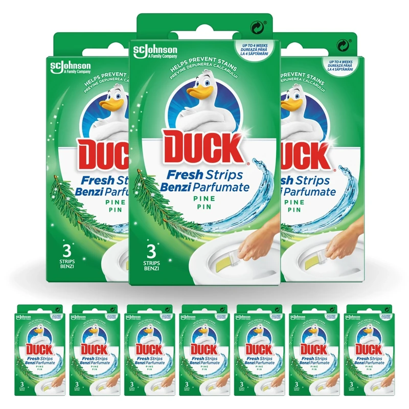 Duck Toilet Fresh Strips, Toilet Cleaner & Descaler, Fights Stains That Harbour Germs, Long Lasting Fragrance, Pine, Pack of 10 (30 Strips)