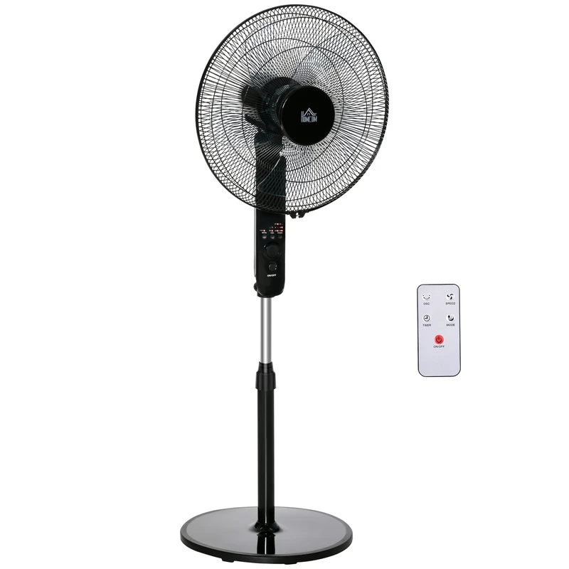 HOMCOM 18" Pedestal Fan with Sleep Mode, Oscillating Standing Fan with 3 Modes, Remote Control, Floor Fan with Adjustable Height, 3 Speed, 7.5-Hour Timer, Black