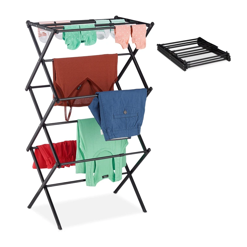 Relaxdays Laundry Stand, Foldable & Extendable Tower, 11 Rails, Space-saving Clothes Drying Rack, Metal, Black