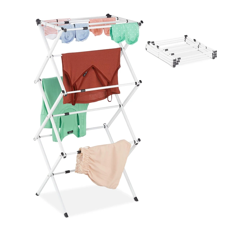 Relaxdays Laundry Stand, Foldable & Extendable Tower, 11 Rails, Space-saving Clothes Drying Rack, Metal, White