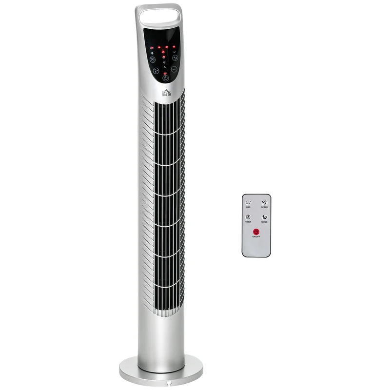 HOMCOM 78.5 cm Oscillating Tower Fan with Remote Control, 7.5H Timer, 3 Speed 3 Modes, Electric Floor Standing Cooling Fan for Home Bedroom Office, Silver