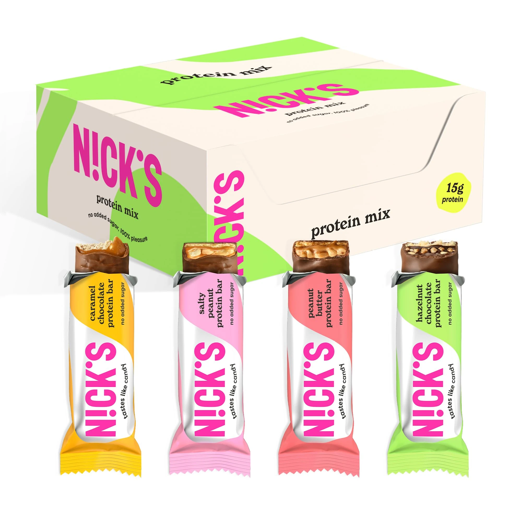NICKS Protein Bar Mix Box, Keto Snack Bars 4g Net Carbs, 15g Protein, 5g Collagen No Added Sugar Gluten Free Low Carb Snacks (9x50g)
