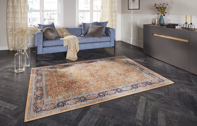 ELLE Decoration Keshan Maschad Oriental Rug, Short Pile, Vintage Look, Oriental Classic Oriental Rug for Living Room, Dining Room, Hallway or Bedroom, Gold Yellow, 120 x 160 cm - Image 1