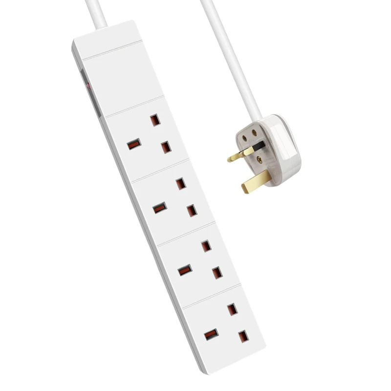 EXTRASTAR 4 Gang Extension Lead with Led Indicator and Side Switch in White, 2M Extension Cord 13A UK Plug Max 3120W, 4 Socket Power Strip for Home Office School