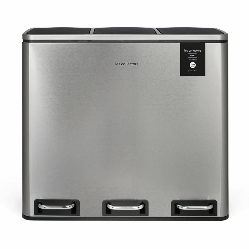 Les Collectors Recycling Kitchen Pedal Bin Stainless Steel No.982, 54L, Resistant, Waste separator 3x18L bins, Removable Inner Buckets waste Bin, Recycling, Selective sorting, Silent closure