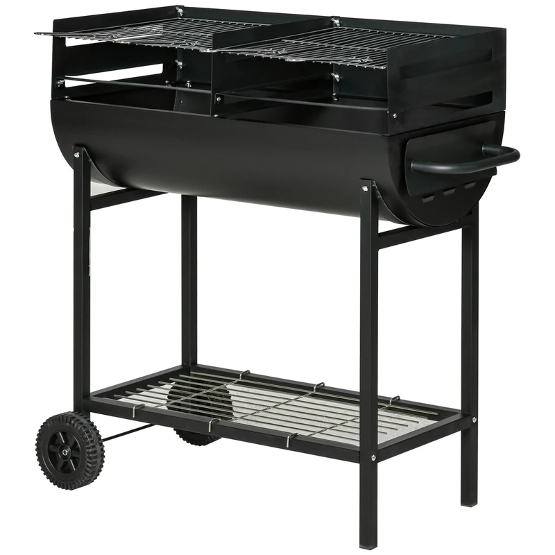 Outsunny Trolley Charcoal BBQ Barbecue Grill Cooker with 3-Level Adjustable Height Grill Nets, Patio Outdoor Garden Heating Heat Smoker with Wheels, 90 x 45 x 96 cm, Black