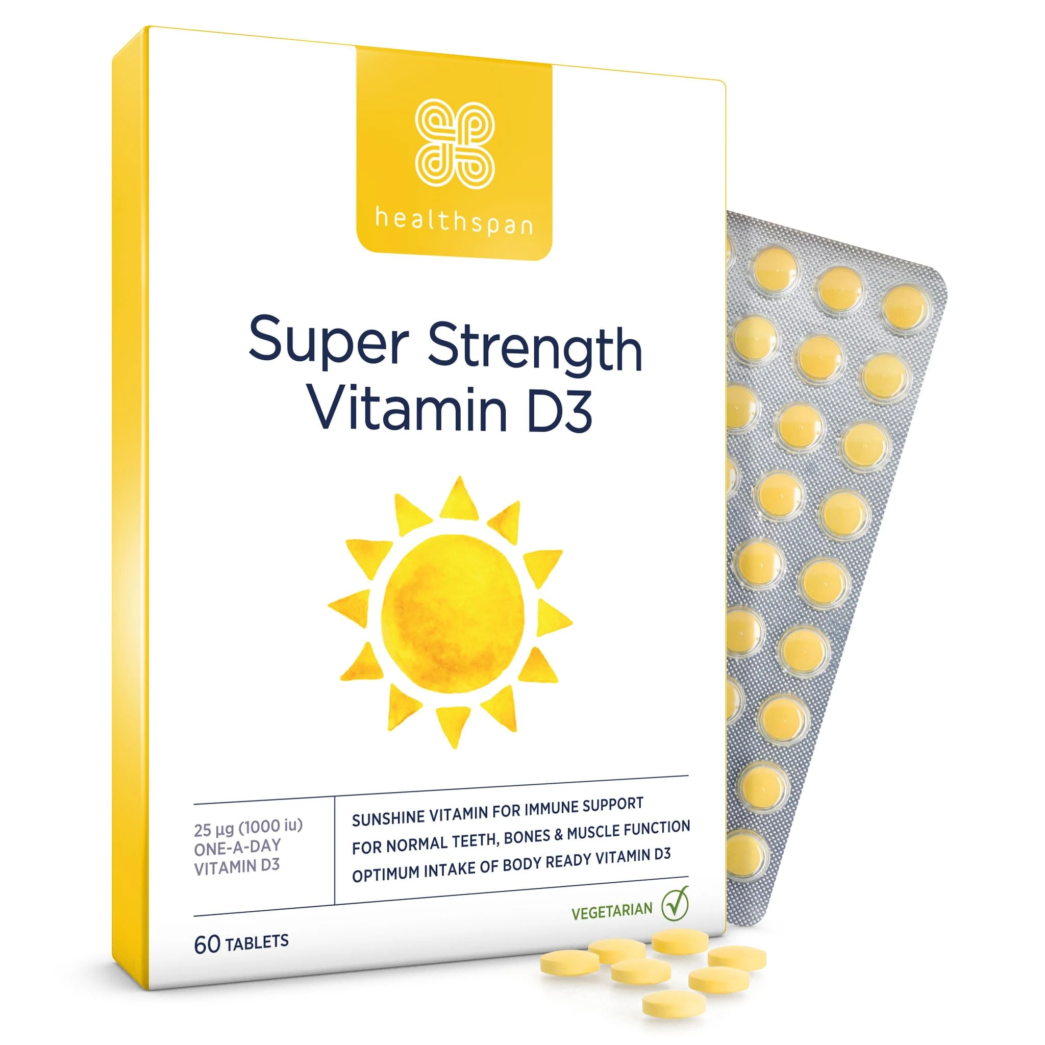 Healthspan Super Strength Vitamin D3 | Immune Health | Bone, Teeth & Muscle Health | Contains 1,000iu of Natural Source Vitamin D3 in Each Tablet | Vegetarian (60 Tablets)