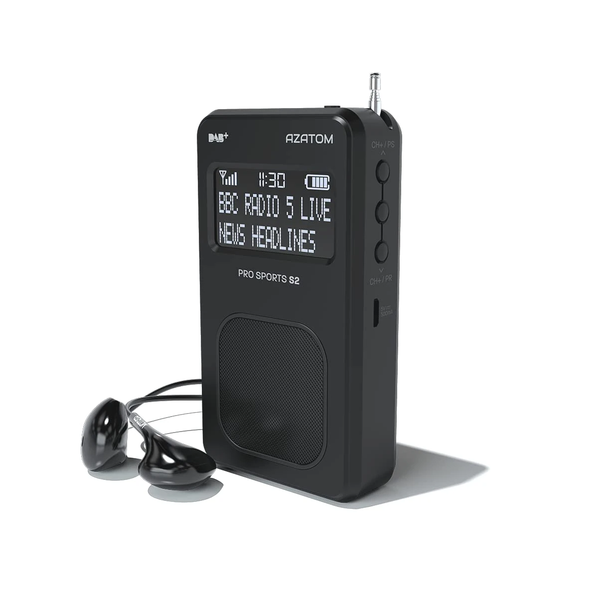 Portable DAB/DAB+ & FM Digital Radio | Sports Earphones Included | Built in Speaker | Rechargeable Battery (10-12 Hours) | Perfect for Sports, Hiking or Working | AZATOM Pro Sports S2 (Black)