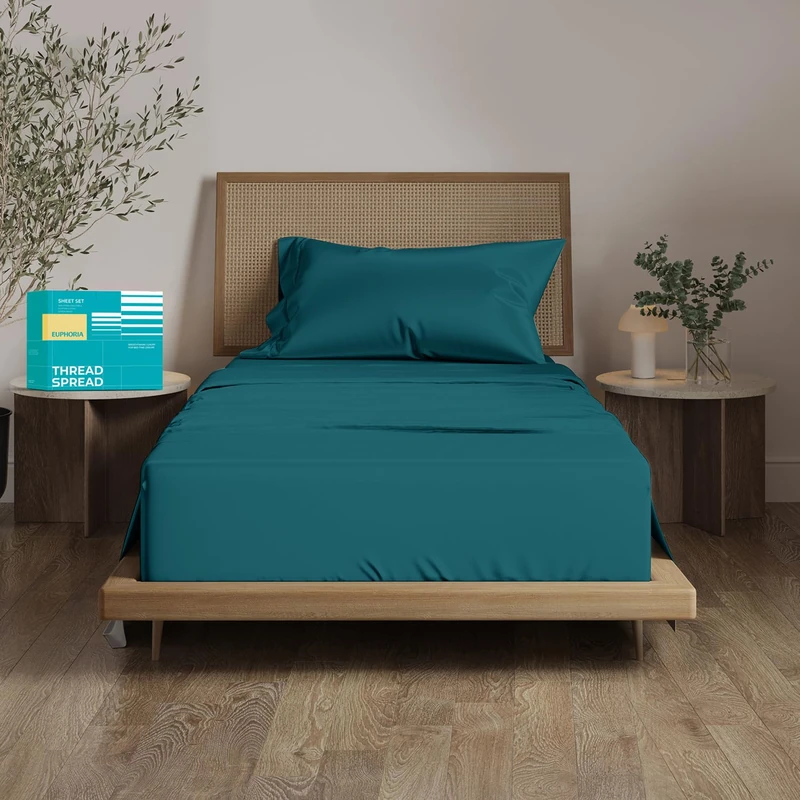 THREAD SPREAD 100% Egyptian Cotton Single Bed Sheets Twin XL Size - 800 Thread Count 3 PC Twin XL Sheet Sets Cotton, Silky Soft College Dorm Sheets, 16'' Deep Pocket Luxury Cooling Bed Sheets - Teal