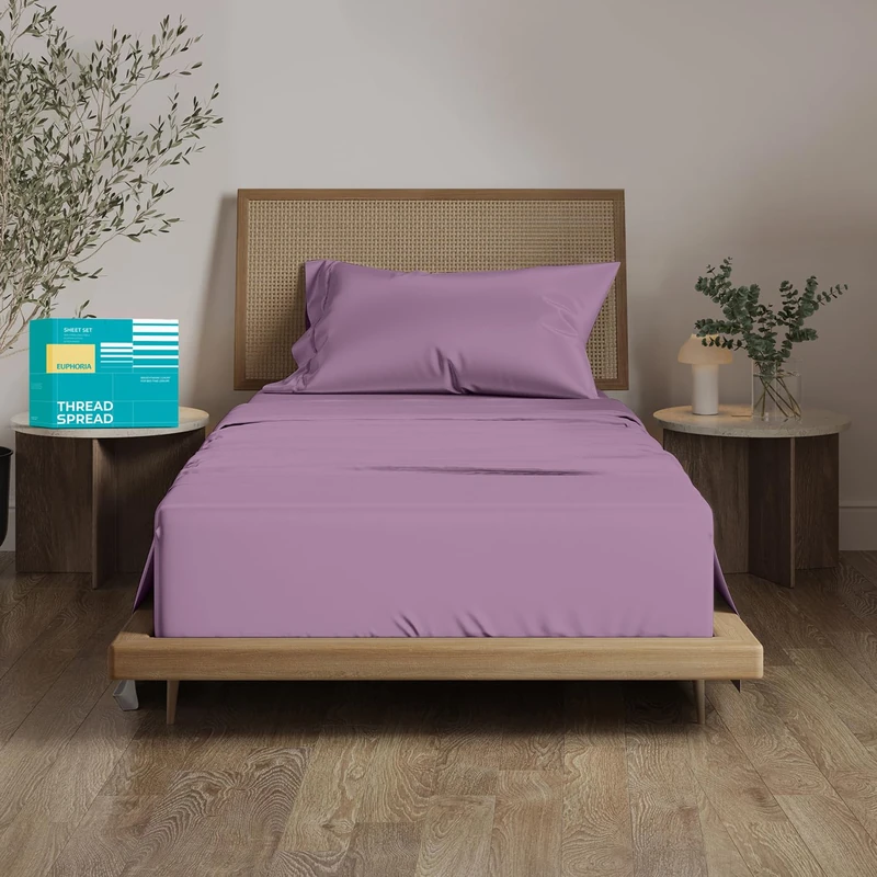 THREAD SPREAD 100% Egyptian Cotton Sheets Twin Size - 800 Series Euphoria Collection Extra Long Twin Sheets for Dorm (3 PC,Plum), 16" Deep Pocket Cooling Hotel Sheet Set for Twin Size Bed