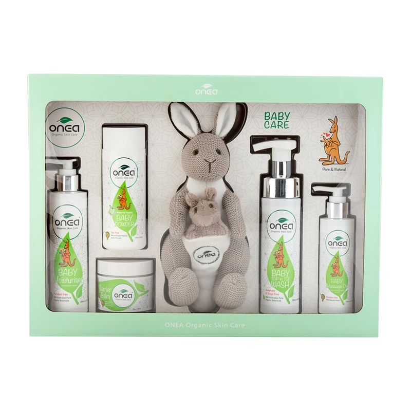 ONEA Baby Gift Pack - Organic Baby Powder, Baby Oil, Baby Bath Wash, Body Lotion, Balm and Kangaroo Plush - Baby Shower Gifts for Baby and Mom - 6 pcs