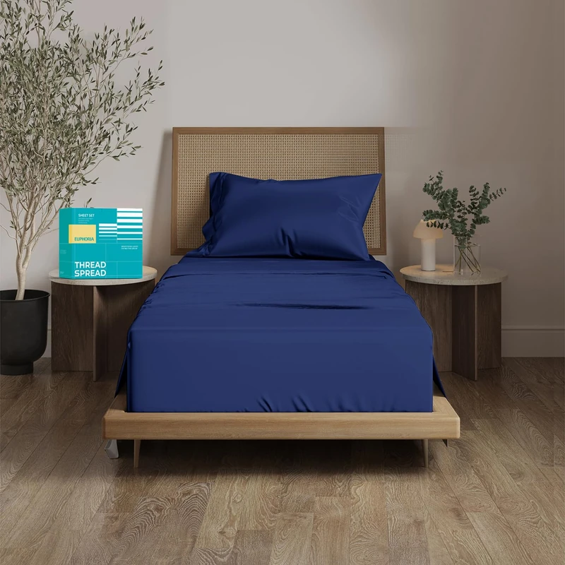 THREAD SPREAD 100% Egyptian Cotton Sheets Twin Size - 800 Series Euphoria Collection Extra Long Twin Sheets for Dorm (3 PC, Navy Blue), 16" Deep Pocket Cooling Hotel Sheet Set for Twin Size Bed