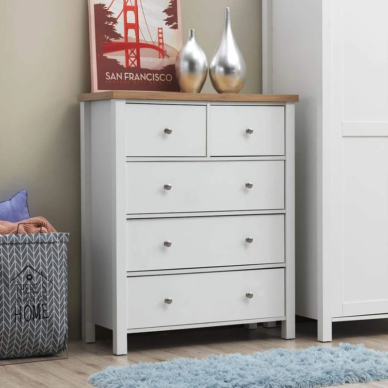 Timber Art Design UK Astbury 3+2 Chest of Drawer Floor Standing Wide Storage Cabinet Cupboard Organiser Unit With Round Metal Knobs For Modern Bedroom, Living Room, Office Furniture, White & Oak