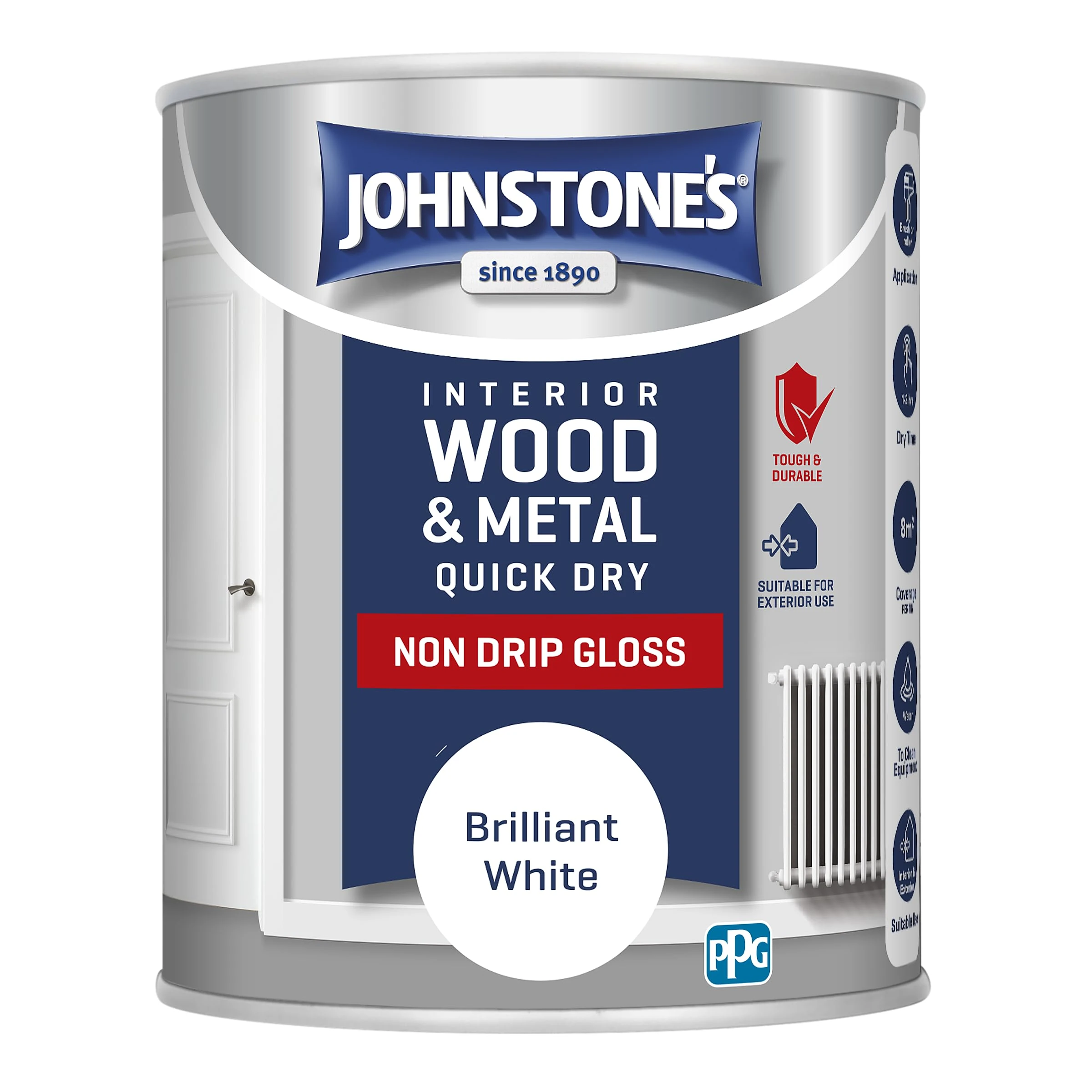 Johnstone's - Wood & Metal Paint - Gloss Finish - Brilliant White - 750ml - Water Based - Quick Drying - Radiator Paint - Low Odour - Dry in 1-2 Hours - 8m2 Coverage per Litre