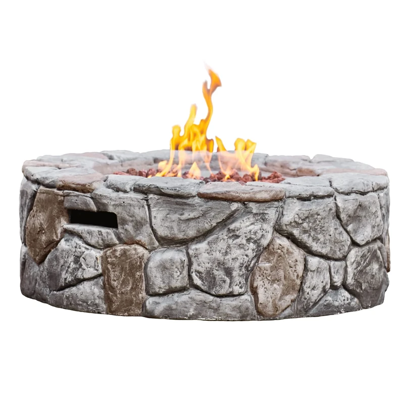 Teamson Home Outdoor Garden Round Propane Gas Fire Pit Table Burner, Smokeless Firepit, Patio Furniture Heater, Stone Effect with Rocks and Cover