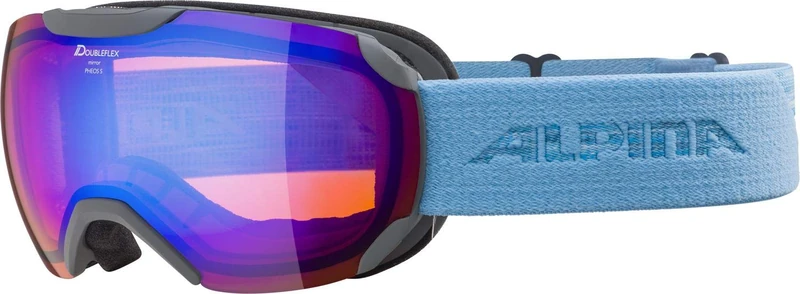 ALPINA PHEOS S Q-LITE - Mirrored, contrast-enhancing & polarized ski goggles with 100% UV protection for adults, grey-skyblue, one size