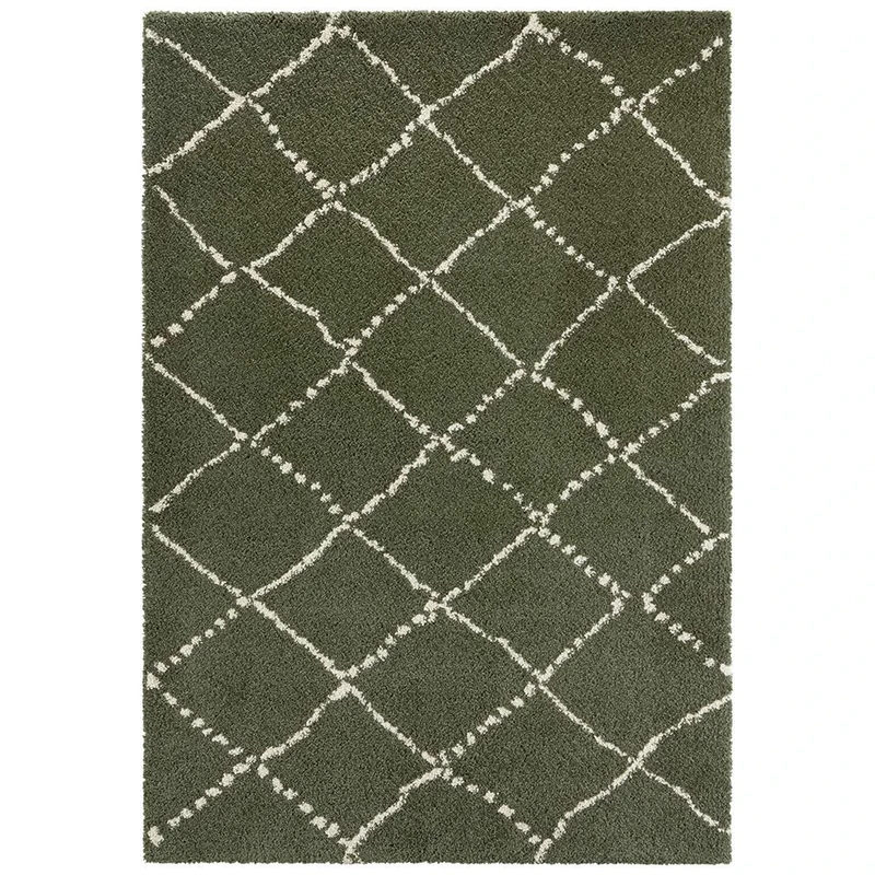 Hash Rug High Pile Living Room Rug Soft Fluffy Long Pile Shaggy Flokati Diamond Pattern for Living Room Kitchen Hallway or Bedroom Olive Green Cream 160 x 230 cm
