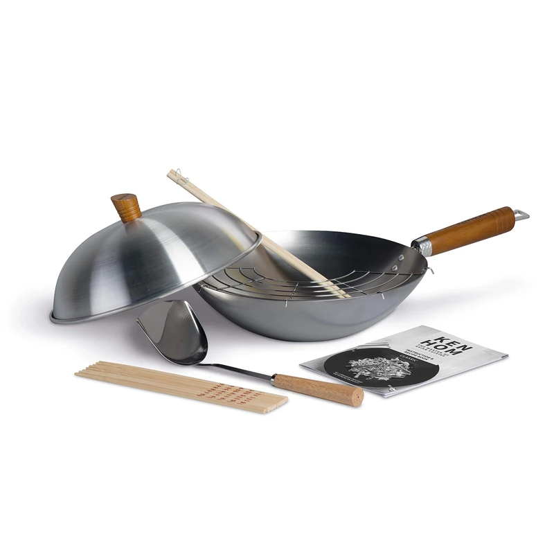 Ken Hom Non-Stick Wok Set, 31cm, Seasoning Wok with Natural Patina Surface, Non-Induction, Wooden Handle, Includes Pan with Lid, Utensils & Recipe Book