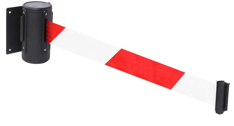 Wall mounted retractable barrier 4.6m red/white webbing 50mm wide c/w screw in wall clip