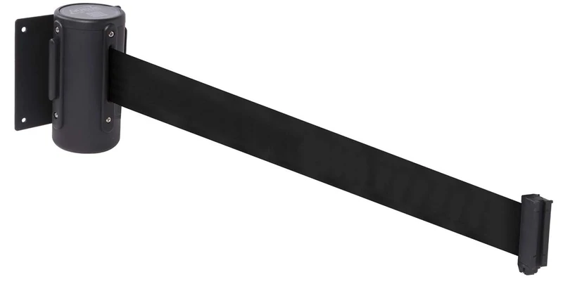 Wall mounted retractable barrier 4.6m black webbing 50mm wide c/w screw in wall clip