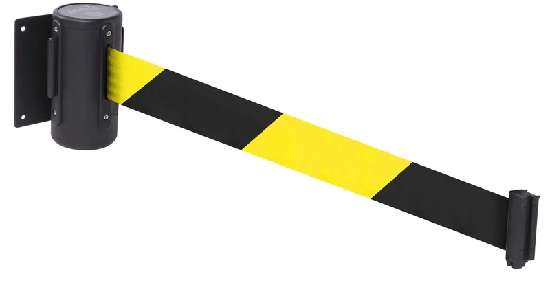 Wall mounted retractable barrier 4.6m yel/blk webbing 50mm wide c/w screw in wall clip