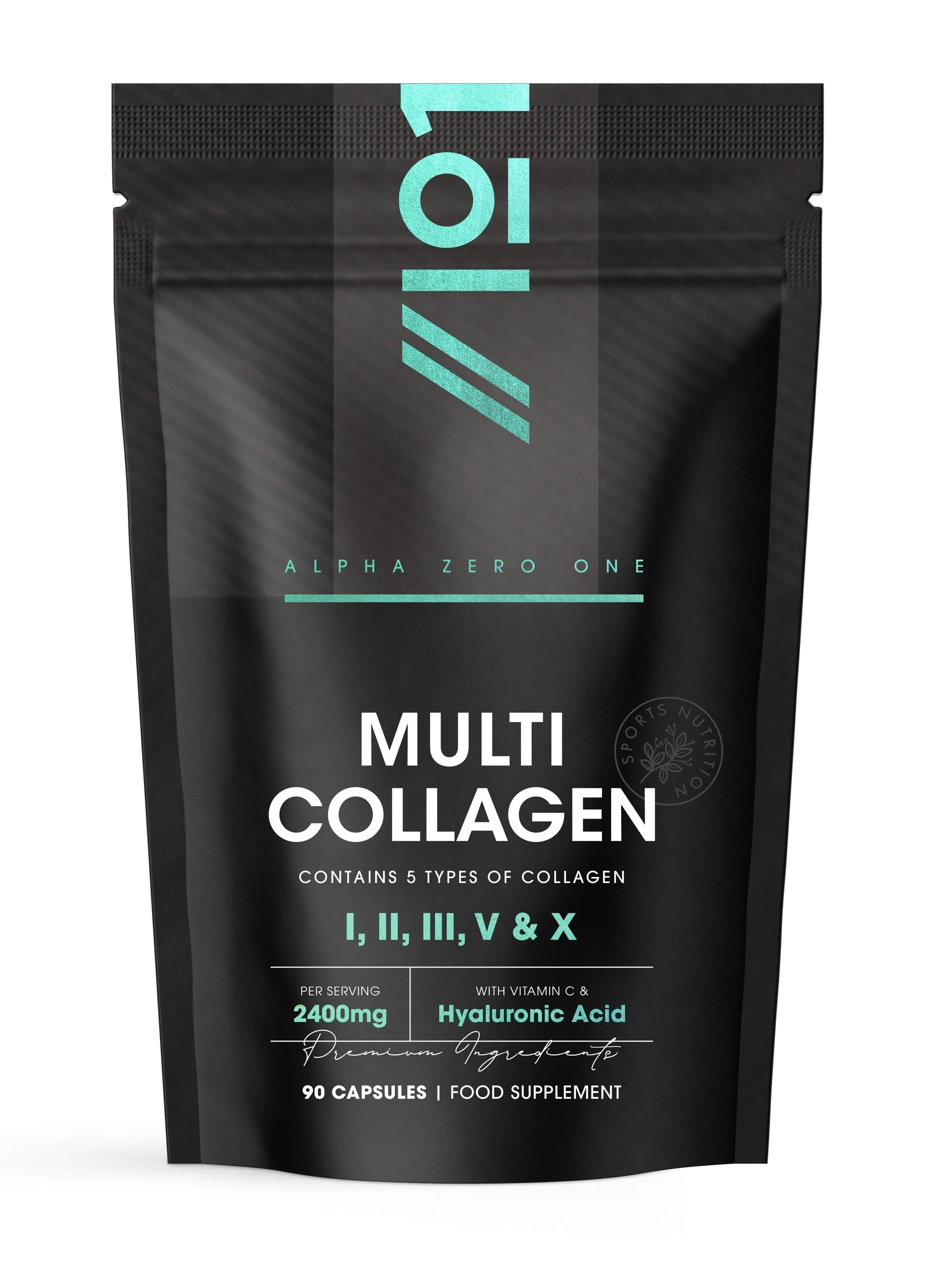 Multi Collagen 2400mg – Types I, II, III, V & X – 90 Capsules – Wild Caught Marine, Grass Fed Bovine, Eggshell & Free-Range Chicken Collagen Powder, with Hyaluronic Acid & Vitamin C – by Alpha01