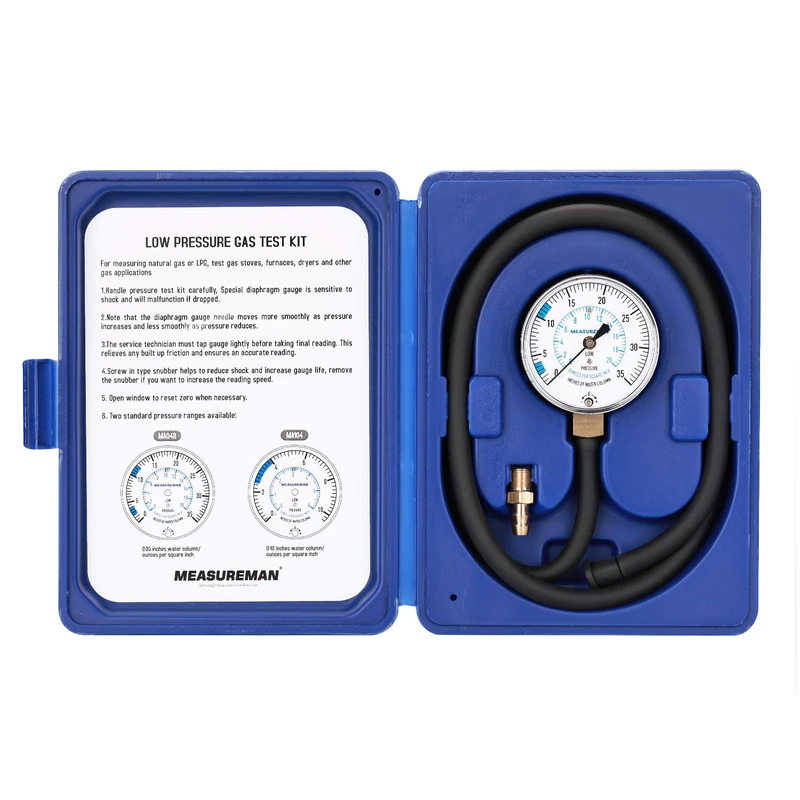 Measureman Natural Gas or LP Gas Manifold Pressure Test Kit, 0-35 "W.C., 1/4"NPT, 40" Length Hose - Image 1