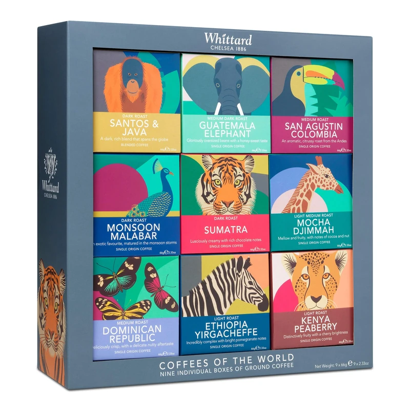 Whittard of Chelsea | Coffees of the World Gift Set For Men & Women | 9 Boxes of Single Origin Ground Coffee | Brews up to 72 cups | 9 x 66g Ground Coffee Bags