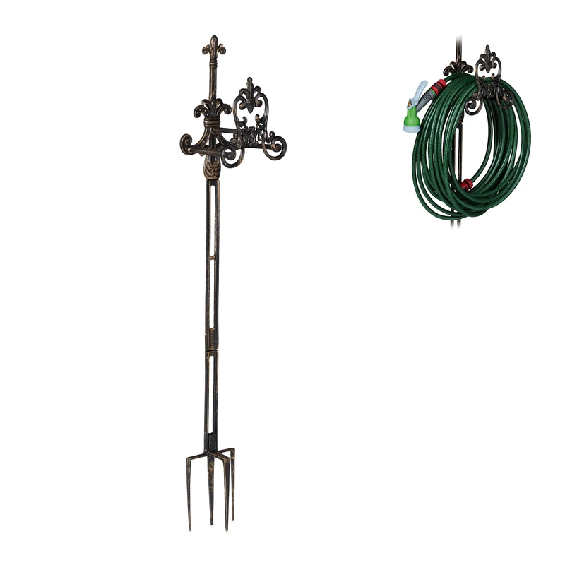 Relaxdays Hose Hanger Wrought Iron, Hosepipe Rack Holder With Ground Spikes, HWD 133 x 24 x 17 cm, Black-Gold
