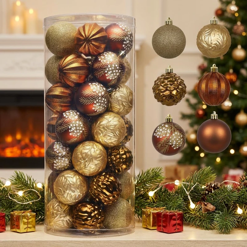 Valery Madelyn Christmas Ornaments Set, 35ct 2.76 Inches Brown Copper and Gold Shatterproof Christmas Tree Decorations, Woodland Bronze Hanging Ball Ornaments Bulk for Xmas Holiday Decor