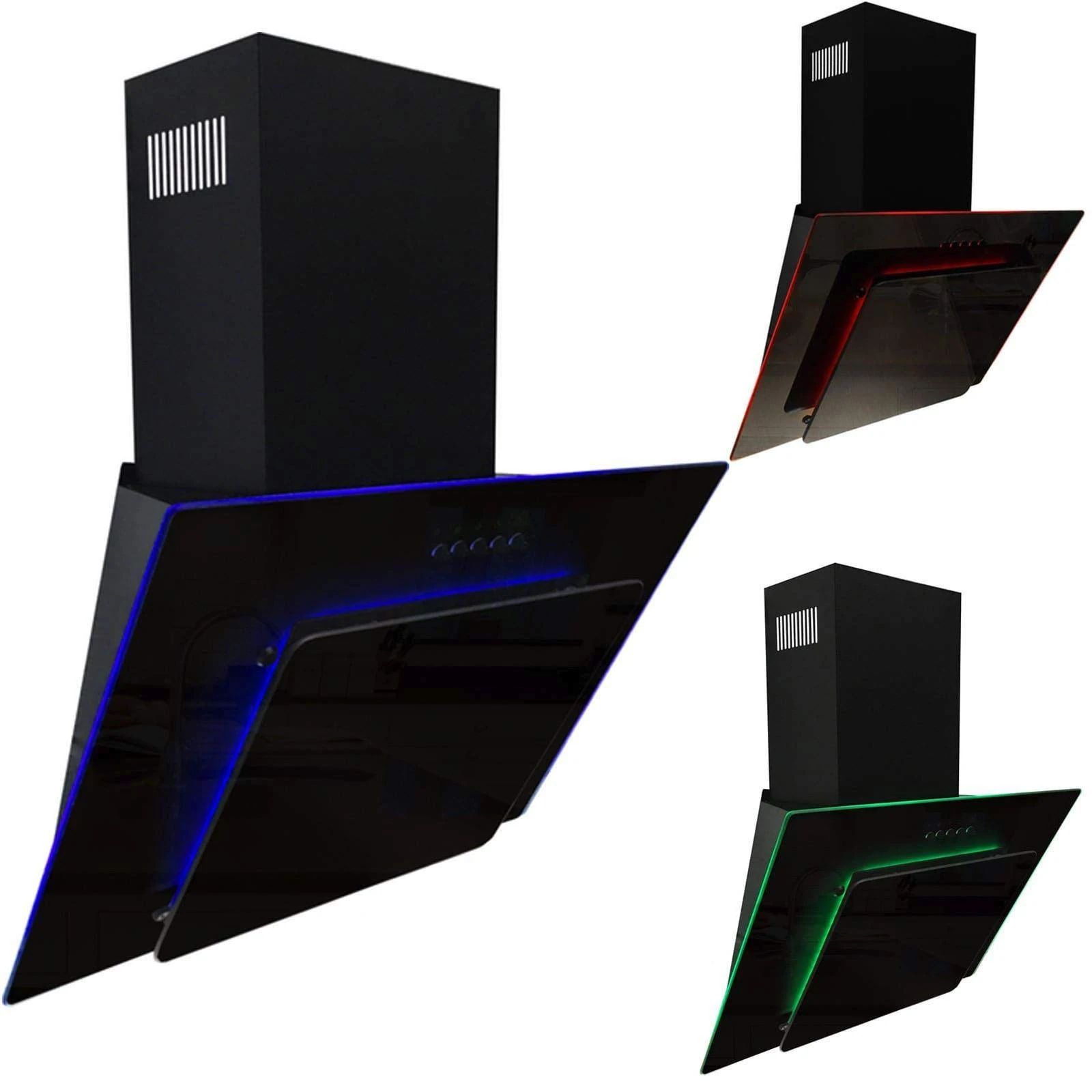 SIA AMZAGE71BL 70cm Black Glass Angled Kitchen Cooker Hood Chimney Extractor Fan With Red Blue And Green LED Edge Lit Mood Lighting