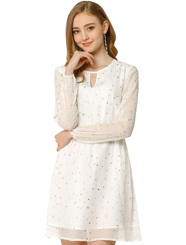 Allegra K Women's Choker V Neck Gilding Metallic Star Halloween Party Flared A-Line Dress, White, M