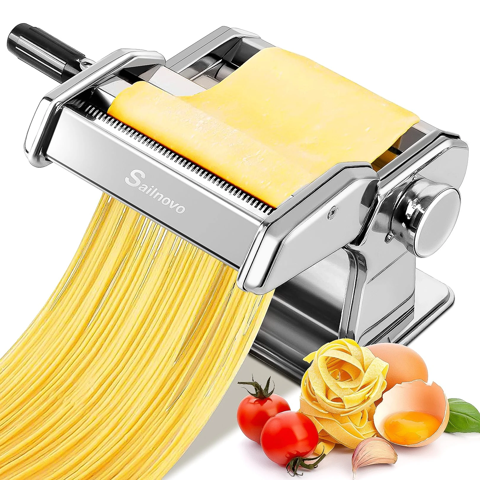 Sailnovo Pasta Maker Machine, Manual Pasta Machines with 9 Adjustable Thickness Settings & 2 Width for Making Homemade Spaghetti, Fettuccini, Lasagna, or Dumpling Skins, Easy to Clean