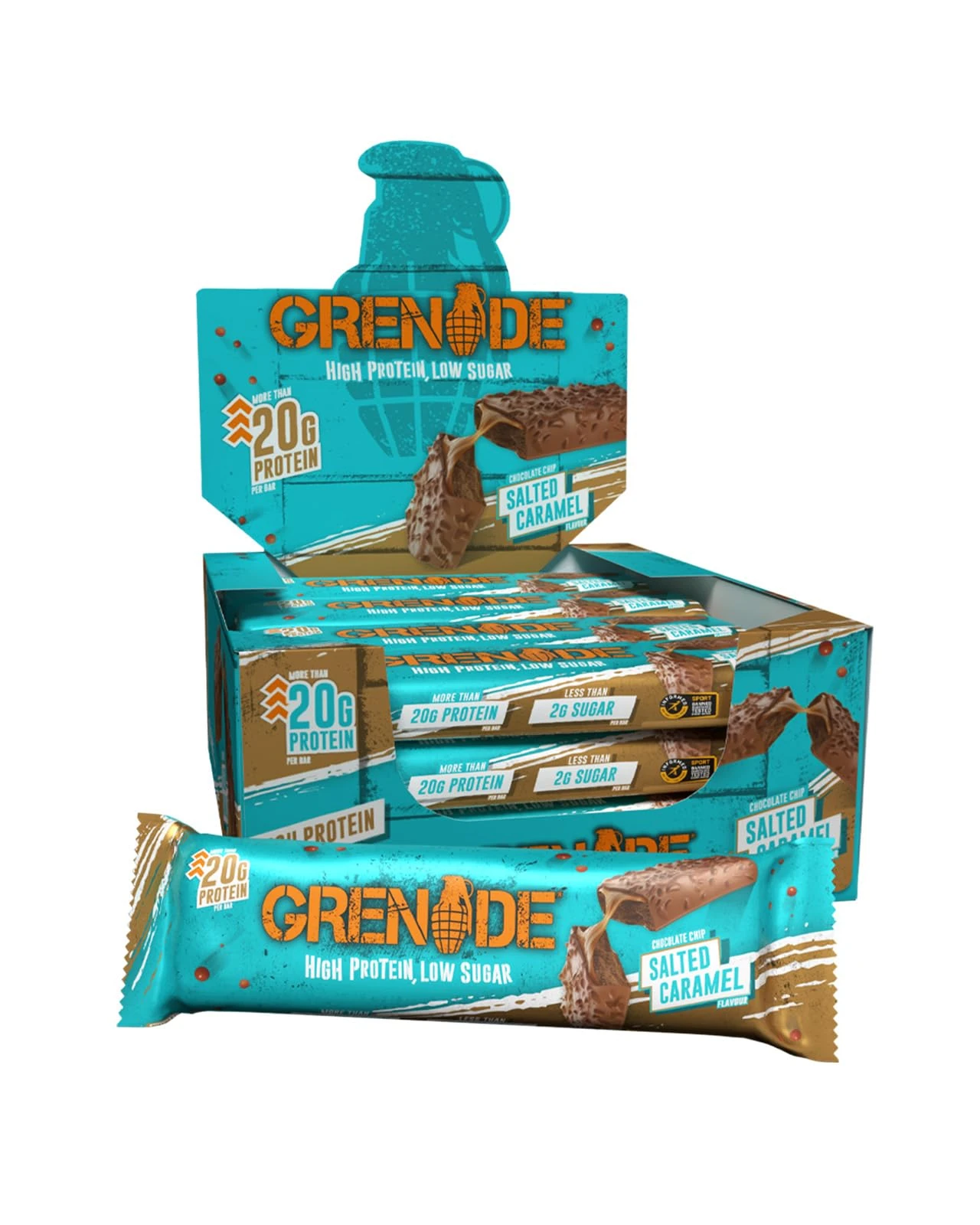 Grenade High Protein, Low Sugar Bar - Chocolate Chip Salted Caramel, 12 x 60 g