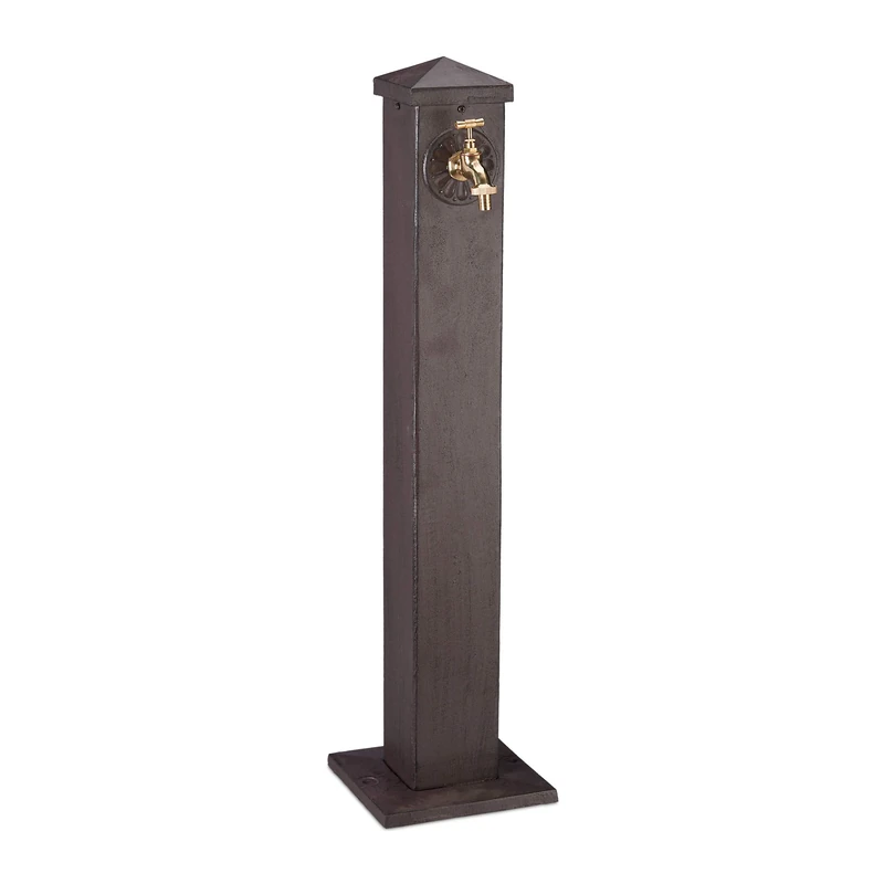 Relaxdays Garden Water Fountain Column, Antique Style, With Faucet, 3/4” Connector, Square Station, 91 cm Tall, Brown