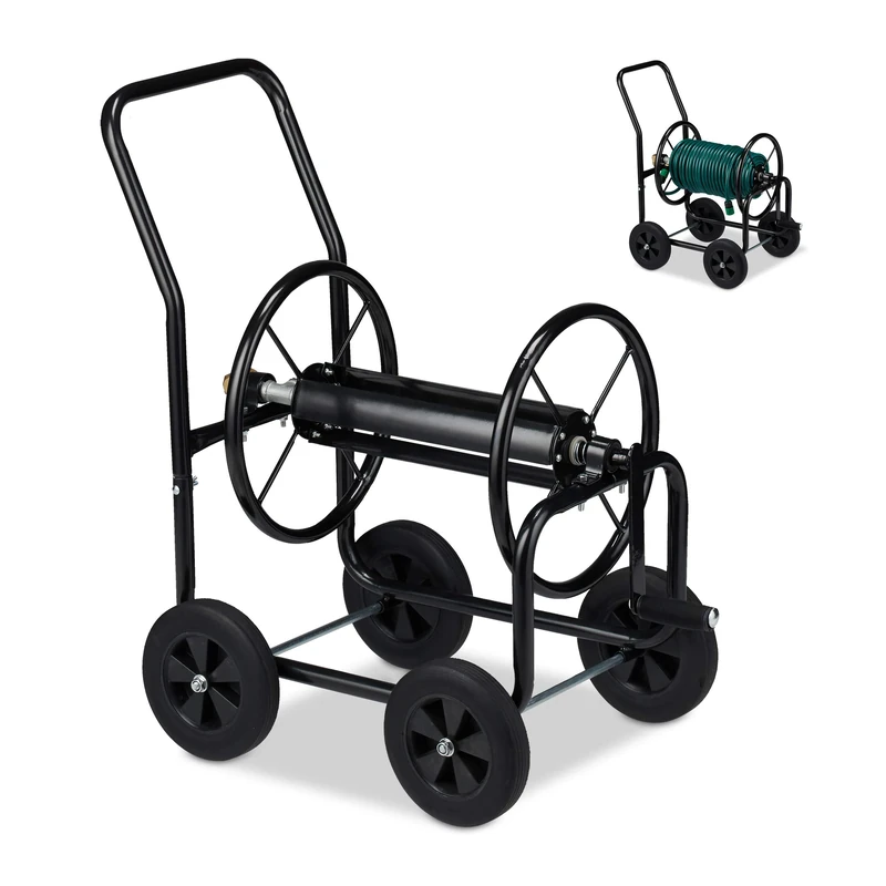 Relaxdays Hose Cart Metal, 4 Rubber Wheels, XL Garden Hosepipe Trolley, Crank, Holds 60 m, HWD 81 x 48 x 80 cm, Black