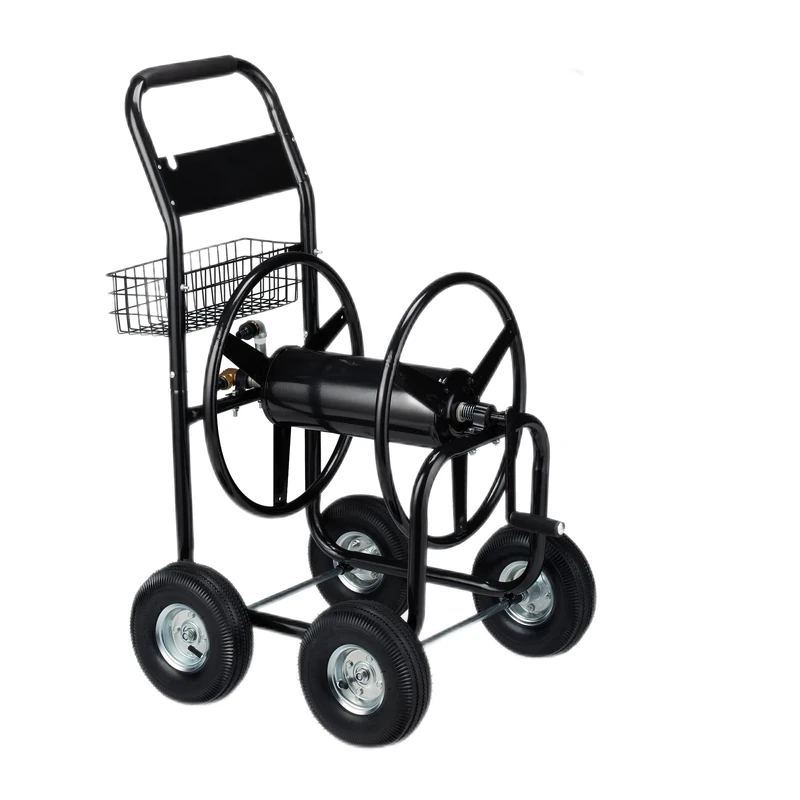 Relaxdays Hose Cart Metal, 4 Rubber Wheels, XL Garden Hosepipe Trolley, Crank, Holds 60 m, HWD 114 x 64 x 90 cm, Black, Steel
