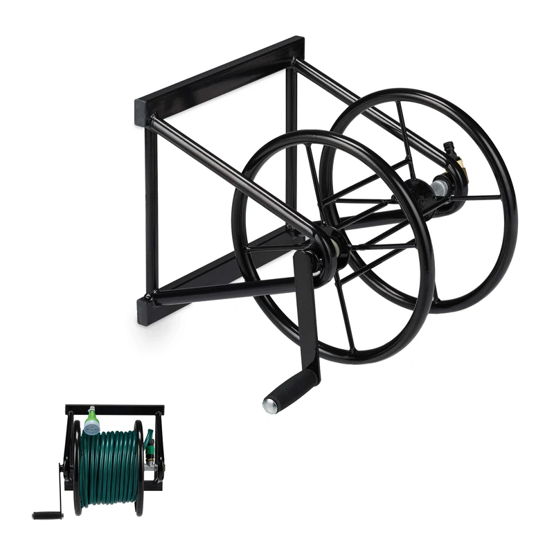 Relaxdays Hosepipe Reel Wall-mounted, Holder With Hand Crank, For 60 m Hose Pipes, Steel, HWD 36 x 53 x 50 cm, Black